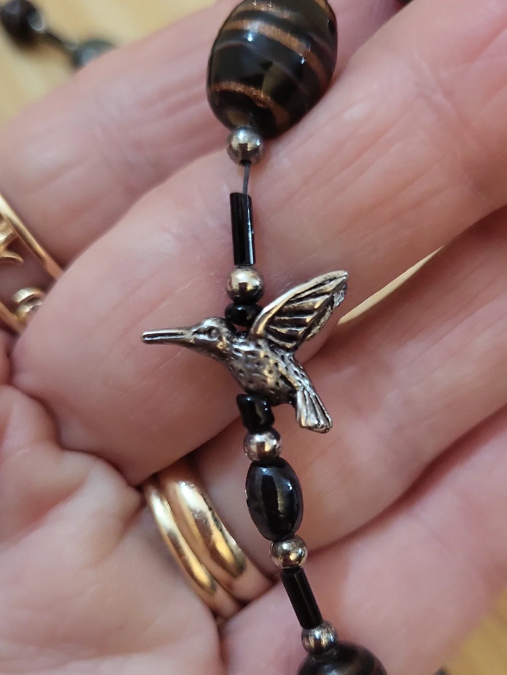 Double Strand Hematite, Black Agate, Silver Hummingbird Necklace